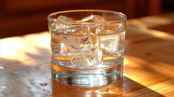 ai gegenereerd sprankelend water glas met ijs kubussen Aan een houten tafel in zonlicht foto