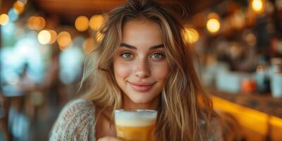 ai gegenereerd jong vrouw genieten van latte in knus cafe, gewoontjes schoonheid, levensstijl momenten foto
