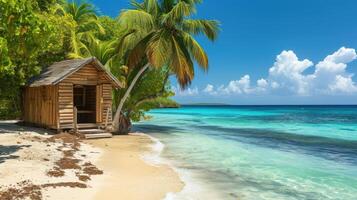ai gegenereerd een mooi houten hut Aan een caraïben strand met turkoois water en palm bomen, ai gegenereerd. foto