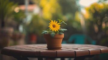 ai gegenereerd een vrolijk geel bloem bloei in een pot, sieren een tafelblad met levendig schoonheid, ai gegenereerd foto