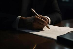 ai gegenereerd detailopname van de hand- van een zakenman ondertekening documenten, afsluitend een contract. bedrijf concept foto