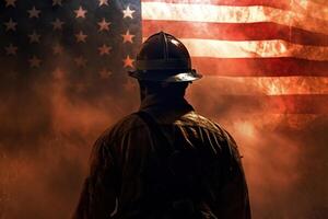 ai gegenereerd brandweerman Aan achtergrond van Amerikaans vlag, Verenigde Staten van Amerika patriot dag, herdenkings- datum 9 11 concept. detailopname, achterzijde visie, generatief ai illustratie foto