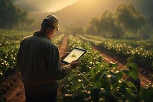 ai gegenereerd boer met een tablet staand in de veld, een Mens analyseren de oogst gebruik makend van modern technologieën foto