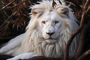 ai gegenereerd albino leeuw met wit vacht aan het liegen in de Woud en op zoek Bij de camera. portret van een bijzonder exotisch dier in natuur foto