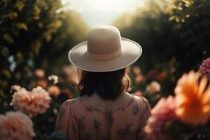 ai gegenereerd sensueel jong mooi vrouw in zomer jurk en rietje hoed staand in een bloem tuin Bij ochtendgloren, terug visie. generatief ai foto