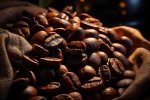 ai gegenereerd stapel van donker koffie bruin geroosterd bonen in een tas, zonnig contrast licht foto