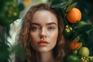 ai gegenereerd sexy sensueel gekruld jong vrouw in fruit citrus tuin, natuurlijk eco huid en haar- zorg concept. portret van mooi Kaukasisch model- op zoek Bij camera en sinaasappels Aan zonnig dag. generatief ai foto