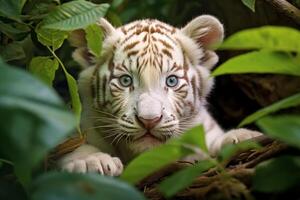 ai gegenereerd schattig weinig albino tijger welp met wit vacht buitenshuis. portret van een bijzonder exotisch dier roofdier in de oerwoud foto