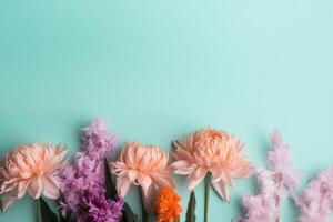 ai gegenereerd minimalistisch romantisch bloemen backdrop met kopiëren ruimte, mooi bloemen Aan feestelijk blauw achtergrond. generatief ai foto