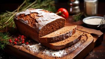 ai gegenereerd brood van brood Aan een houten achtergrond. verven. foto