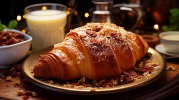 ai gegenereerd croissant Aan een houten tafel in een cafe met een kop van melk. foto