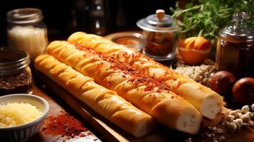 ai gegenereerd brood stokjes met kaas en specerijen Aan een houten tafel in een restaurant. foto