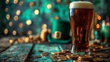 ai gegenereerd donker stout bier in Iers kroeg met st. Patrick dag decor, groen top hoed, goud munten. ai gegenereerd foto