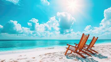 ai gegenereerd rustig strand stoelen rust uit Aan wit zand onder een zonnig, bewolkt blauw lucht, ai gegenereerd. foto