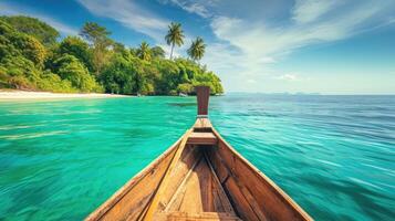 ai gegenereerd een kano glijdt over- turkoois tropisch wateren in de buurt een zanderig strand, een toneel- paradijs, ai gegenereerd. foto