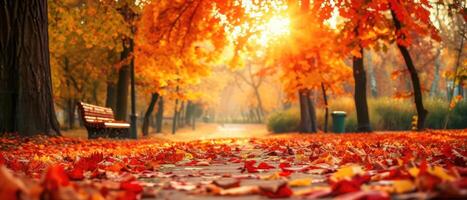 ai gegenereerd een mooi herfst park versierd met geel, rood, en oranje bladeren, een levendig schouwspel, ai gegenereerd. foto