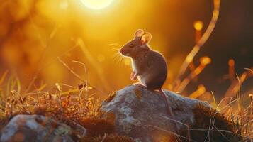 ai gegenereerd muis neergestreken Aan een rots aftekenen tegen de instelling zon, een klein silhouet, ai gegenereerd. foto