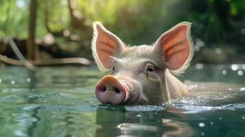 ai gegenereerd gelukkig varken peddels in een zwembad omringd door bomen, genieten van een verfrissend zwemmen, ai gegenereerd. foto
