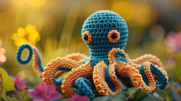 ai gegenereerd gehaakt Octopus speelgoed- levendig achtergrond, handgemaakt en schattig, ai gegenereerd foto