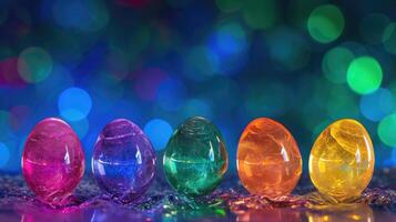 ai gegenereerd verlichte veelkleurig eieren in een glas aquarium straalt uit een mystiek charme, ai gegenereerd foto