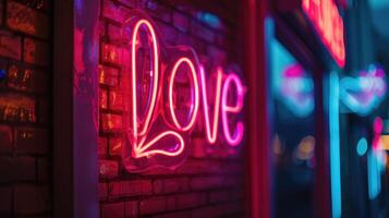 ai gegenereerd dichtbij omhoog van een neon teken weergeven de woord liefde in helder lichten, ai gegenereerd foto