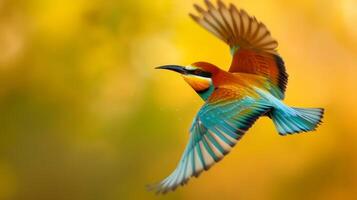 ai gegenereerd kleurrijk vogel stijgt door de lucht, levendig gevederte schijnend tegen wazig achtergrond, ai gegenereerd. foto