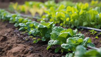 ai gegenereerd detailopname van een waterefficiënt druppelen irrigatie systeem in een biologisch salade tuin, koesteren duurzaamheid, ai gegenereerd. foto