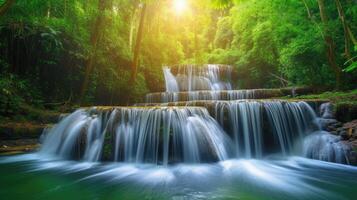 ai gegenereerd een mooi waterval in een tropisch oerwoud, een betoverend cascade van natuurlijk elegantie, ai gegenereerd. foto
