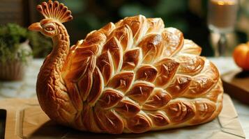 ai gegenereerd uniek brood brood lijkt op een Pauw resting Aan een houten tafel, ai gegenereerd foto