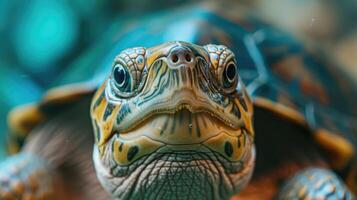 ai gegenereerd detailopname van een schildpad met haar hoofd draaide zich om richting de camera, een nieuwsgierig en vertederend reptiel, ai gegenereerd. foto