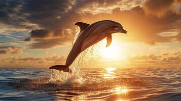 ai gegenereerd majestueus dolfijn sprongen uit van de water tegen de backdrop van een verbijsterend zonsondergang, ai gegenereerd. foto