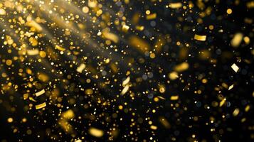 ai gegenereerd luxueus gouden confetti watervallen elegant tegen een strak zwart achtergrond. ai gegenereerd. foto