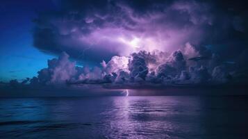 ai gegenereerd woest bliksem storm verlicht de enorm oceaan uitgestrektheid, van de natuur elektriserend schouwspel, ai gegenereerd foto