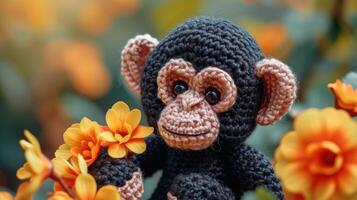 ai gegenereerd gehaakt chimpansee speelgoed- levendig achtergrond, handgemaakt en schattig, ai gegenereerd foto