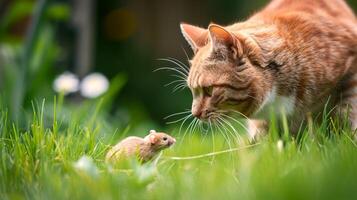 ai gegenereerd kat achtervolgingen een weinig muis in hoog gras buiten, een klassiek tuin tafereel, ai gegenereerd. foto