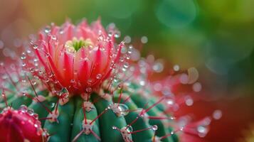 ai gegenereerd levendig rood cactus omhoog dichtbij, versierd met sprankelend water druppels, een verbijsterend contrast, ai gegenereerd foto