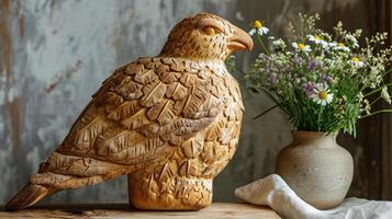 ai gegenereerd uniek brood brood lijkt op een havik resting Aan een houten tafel, ai gegenereerd foto