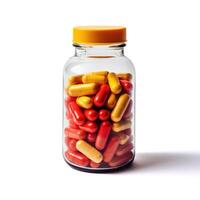 ai gegenereerd Doorzichtig fles gevulde met kleurrijk rood en geel vitamines of capsules, ai gegenereerd. foto