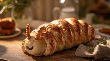 ai gegenereerd uniek brood brood lijkt op een regenworm resting Aan een houten tafel, ai gegenereerd foto