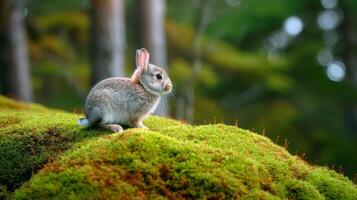 ai gegenereerd konijn staat Aan een met mos bedekt steen, haar harig jas contrasterend met de weelderig groen, ai gegenereerd. foto