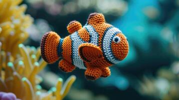 ai gegenereerd gehaakt clown vis speelgoed- levendig achtergrond, handgemaakt en schattig, ai gegenereerd foto