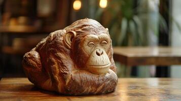 ai gegenereerd uniek brood brood lijkt op een chimpansee resting Aan een houten tafel, ai gegenereerd foto