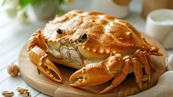 ai gegenereerd uniek brood brood lijkt op een krab resting Aan een houten tafel, ai gegenereerd foto