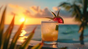 ai gegenereerd een glas van geel drinken Aan een houten tafel in de buurt de oceaan, ai gegenereerd foto