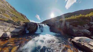 ai gegenereerd nemen een virtueel reis met een 360 graden visie van een majestueus waterval in noorwegen ongerept wildernis. ai gegenereerd. foto