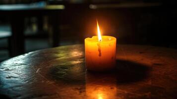 ai gegenereerd kaars lit Aan een tafel gieten een zacht gloed, met licht schijnend door, ai gegenereerd foto