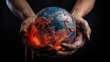 ai gegenereerd de aarde wereldbol smelten weg in menselijk handen, een aangrijpend symbool van milieu crisis, ai gegenereerd foto