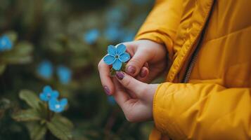 ai gegenereerd hand- teder Holding een delicaat klein blauw bloem, ai gegenereerd foto