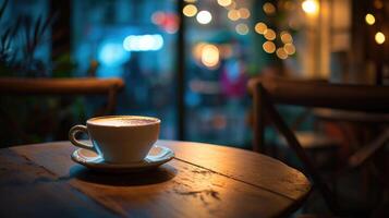 ai gegenereerd een kop van koffie Aan een schotel Aan een tafel in een cafe, ai gegenereerd foto