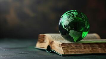 ai gegenereerd een groen wereldbol resting Aan een wet boek, symboliseert milieu wet en behoud, ai gegenereerd foto